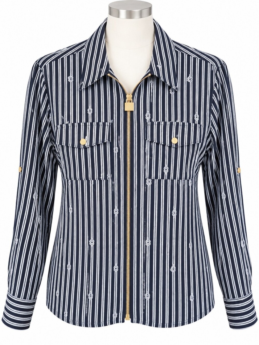 Michael Michael Kors Nautical Navy Stripe Zip Front Long Sleeve Utility Shirt L